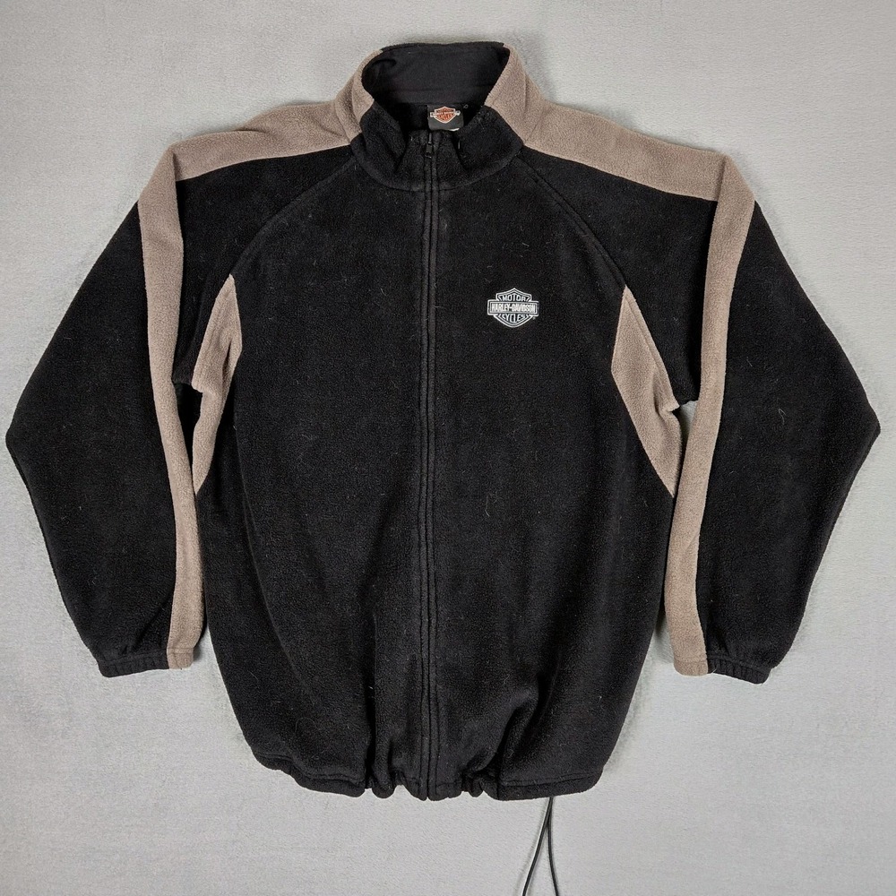 Harley Davidson Jacket Mens Large Black Fleece Full Zip Motorcycle Biker Vintage